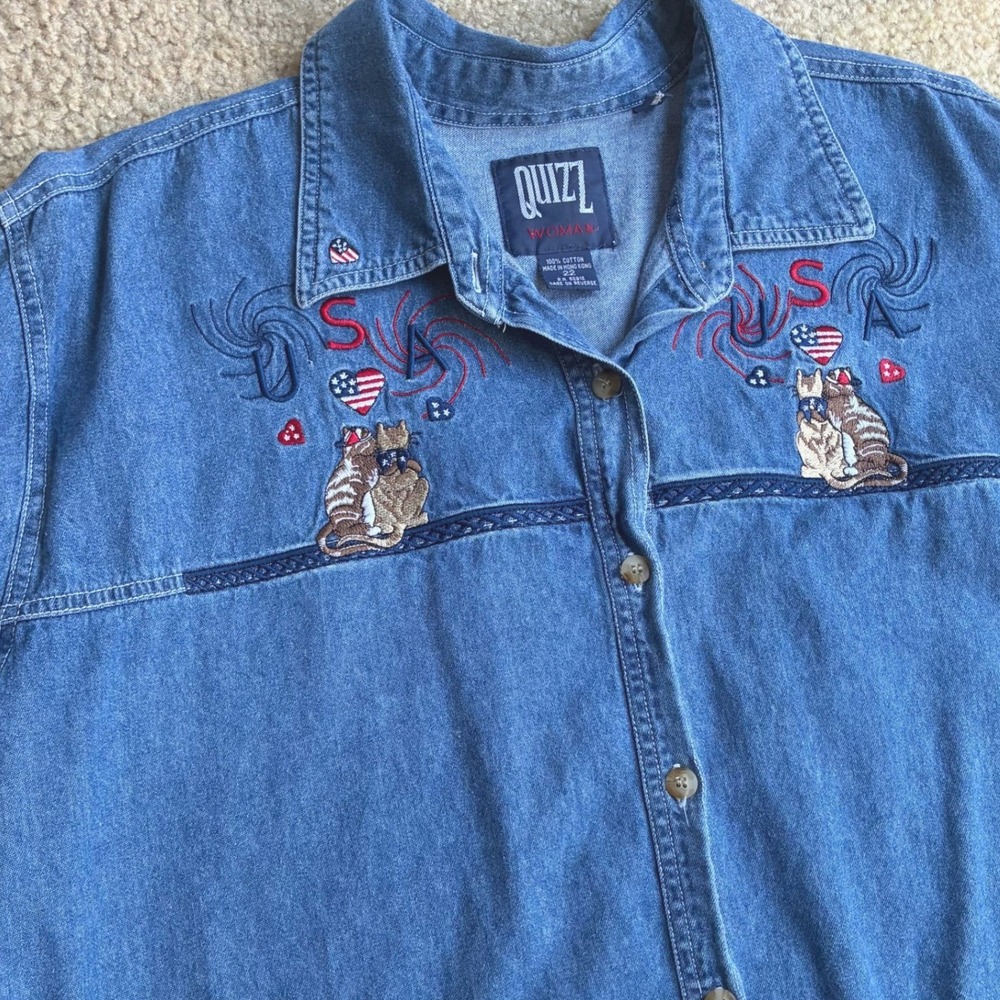 Vintage Denim Embroidered Cotton Top USA Cats 4th July Patriotic Grandma 2XL 22